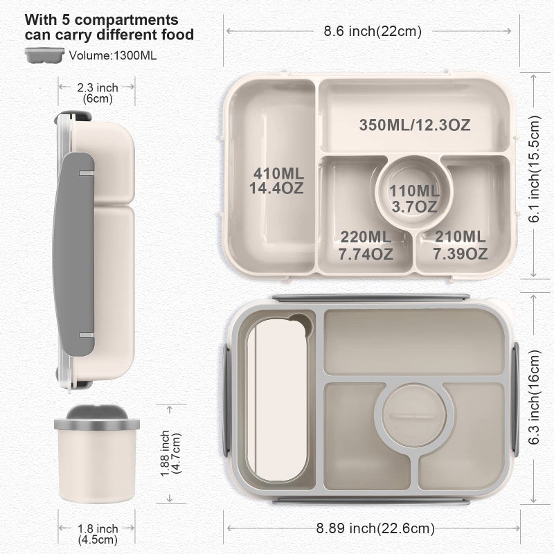 Amathley Bento box adult lunch box lunch box kids lunch containers for Adults/Kids/Toddler 5 Compartments bento Lunch box for kids with Sauce Vontainers Microwave & Dishwasher & Freezer Safe(White) - Image 4